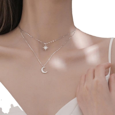Picture of Double Layer Star Moon Pendant Necklace for Women  Adjustable