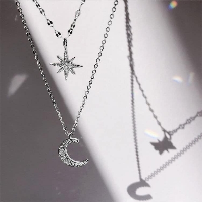 Picture of Double Layer Star Moon Pendant Necklace for Women  Adjustable