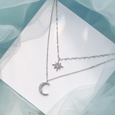 Picture of Double Layer Star Moon Charm Necklace Chain For Women  Adjustable
