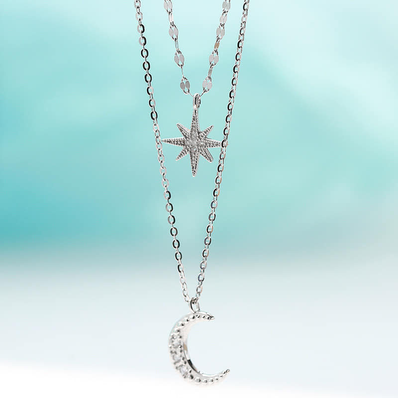 Picture of Double Layer Star Moon Charm Necklace Chain For Women  Adjustable