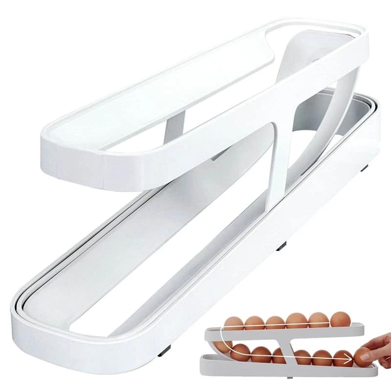 Picture of Double-Layer Egg Dispenser Automatic Roll-Down Egg Storage Rack Slide Egg Carton Refrigerator Egg Basket Kitchen Countertop Egg Holder _Fashionable Point White 