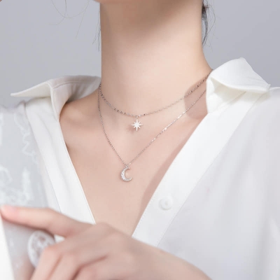 Picture of New Cute Zircon Moon Pendant Necklace for Women  Adjustable