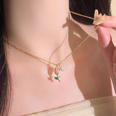 Picture of Cute Tulip Flower Shaped Pendant Peach Pearl Flower Chain For Women  