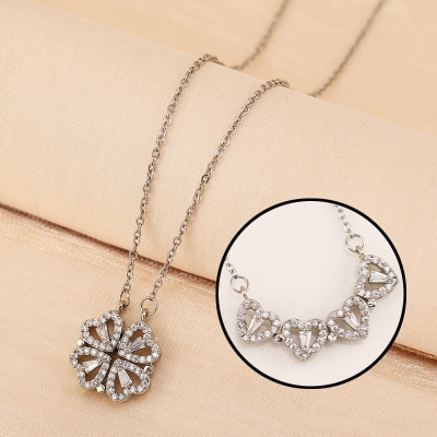 Picture of New Heart Shape Clover Pendant Nacklace  Four Heart Two Pendant Chain Magnetic for Women & Girls Silver 