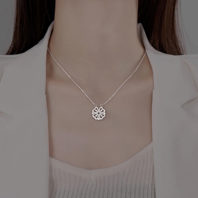 Picture of New Heart Shape Clover Pendant Nacklace  Four Heart Two Pendant Chain Magnetic for Women & Girls Silver 