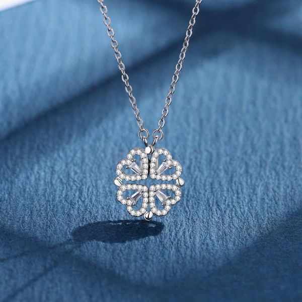 Picture of New Heart Shape Clover Pendant Nacklace  Four Heart Two Pendant Chain Magnetic for Women & Girls Silver 