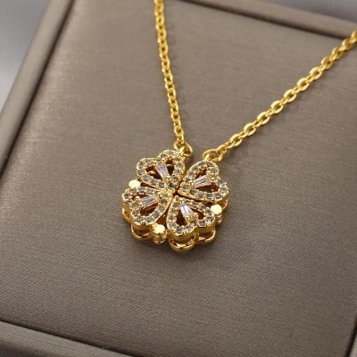Picture of New Design Women Heart Clover Magnetic Pendant Necklace Dainty Girl Heart Necklace Cute Jewelry Gift for Women & Girls Gold 