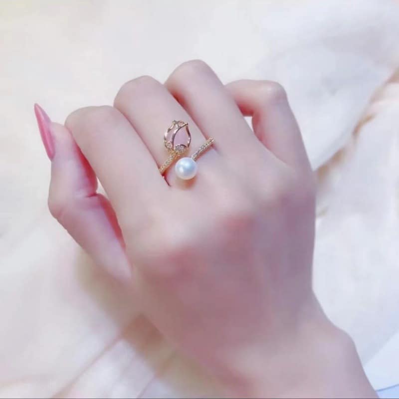 Picture of Pink Tulip Flower Ring  Rings for Teen Girls- Personality Fashion Cat's Eye Stone Tulip Flower Open Ring Gold 