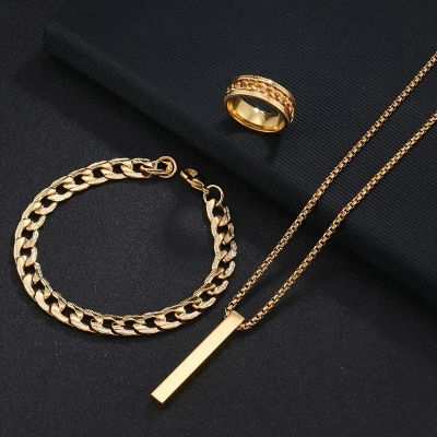 Picture of Golden Men's Sleek Stainless Steel Geometric Pendant Necklace -Necklace Bracelet & Ring Set for Men Gold 