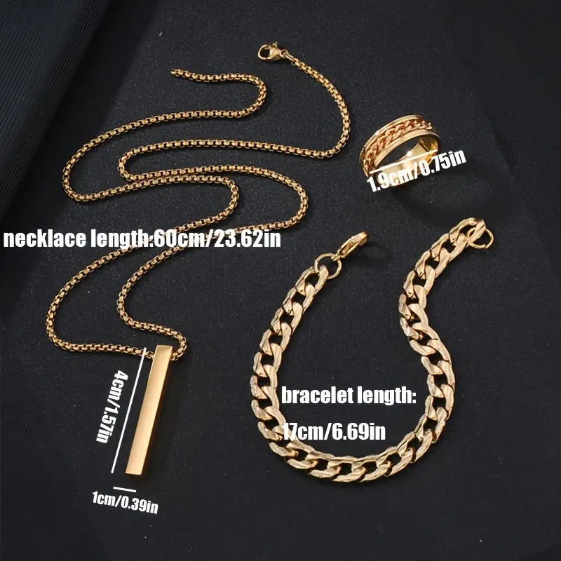 Picture of Golden Men's Sleek Stainless Steel Geometric Pendant Necklace -Necklace Bracelet & Ring Set for Men Gold 