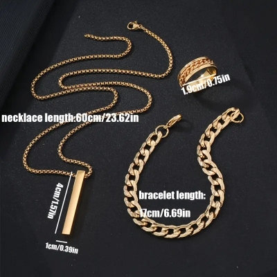 Picture of Golden Men's Sleek Stainless Steel Geometric Pendant Necklace -Necklace Bracelet & Ring Set for Men Gold 