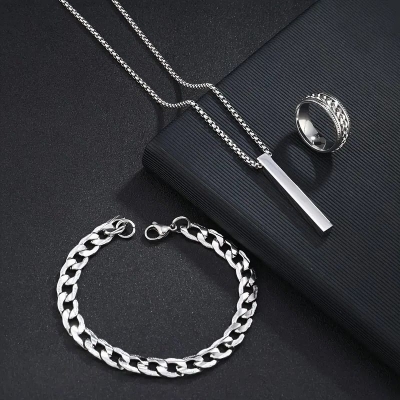 Picture of 3-Piece Mens Stainless Steel Glamour - Fashionable Pendant Necklace Bracelet & Ring Set for Men Silver 
