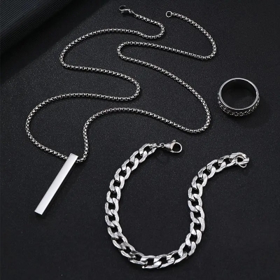 Picture of 3-Piece Mens Stainless Steel Glamour - Fashionable Pendant Necklace Bracelet & Ring Set for Men Silver 
