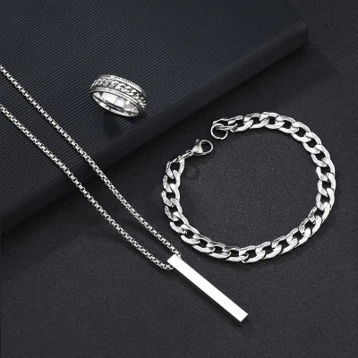 Picture of 3-Piece Mens Stainless Steel Glamour - Fashionable Pendant Necklace Bracelet & Ring Set for Men Silver 