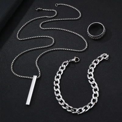 Picture of 3-Piece Mens Stainless Steel Glamour - Fashionable Pendant Necklace Bracelet & Ring Set for Men Silver 