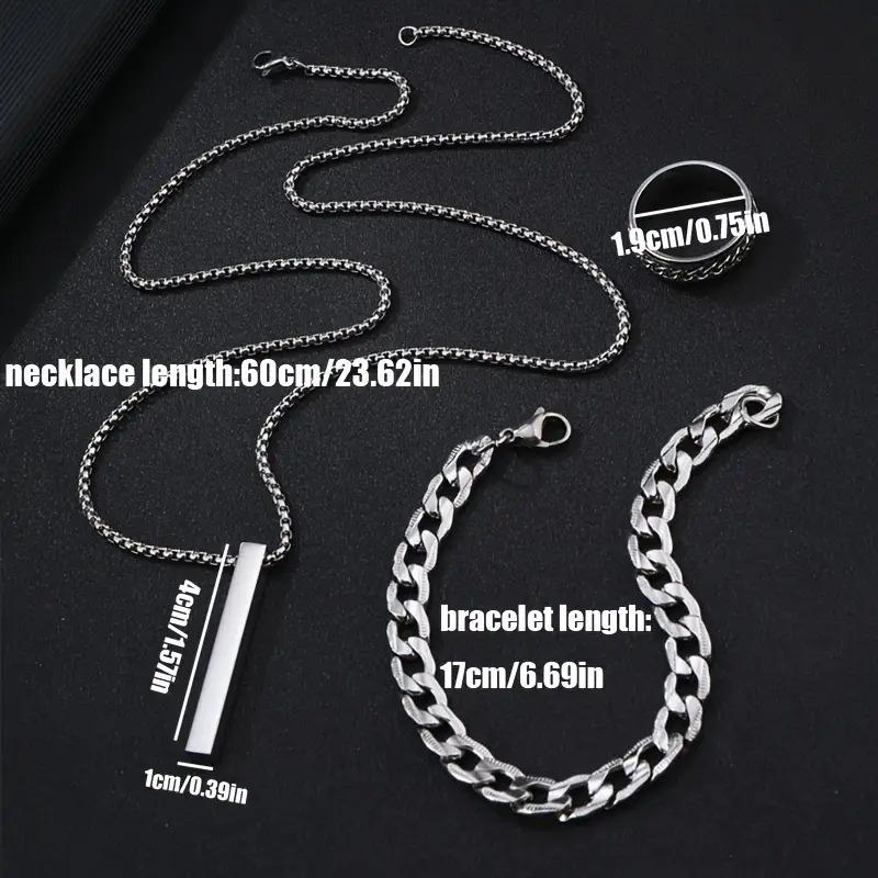 Picture of 3-Piece Mens Stainless Steel Glamour - Fashionable Pendant Necklace Bracelet & Ring Set for Men Silver 