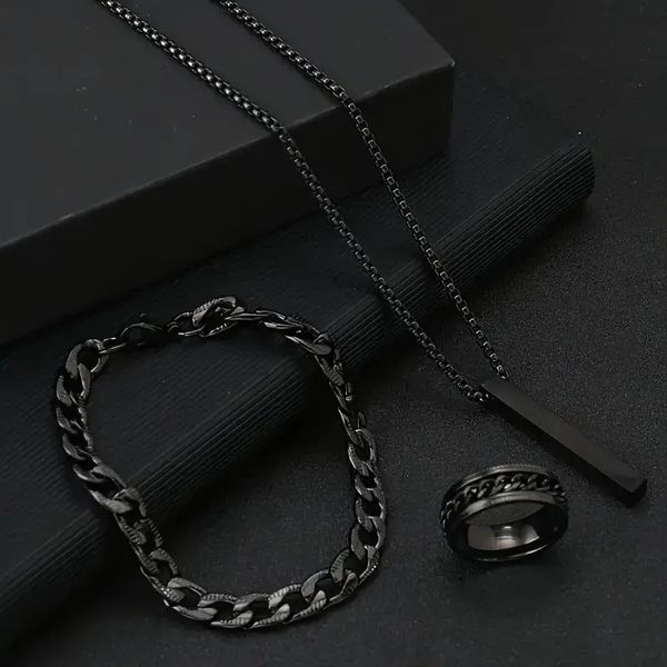 Picture of Fashionable Pendant Necklace, Bracelet & Ring Set for Everyday Chic Style-Combo Set  for Men Black 