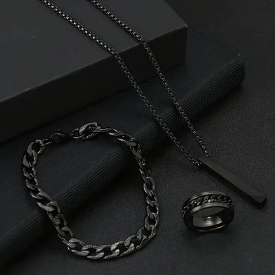 Picture of Fashionable Pendant Necklace, Bracelet & Ring Set for Everyday Chic Style-Combo Set  for Men Black 