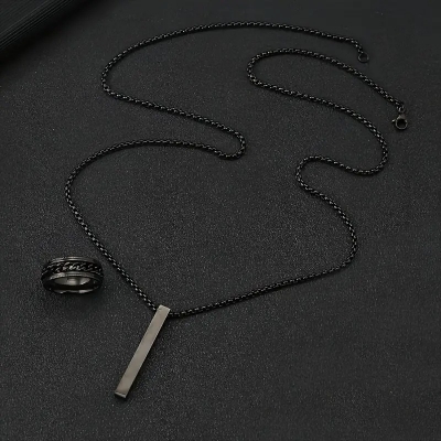 Picture of Fashionable Pendant Necklace, Bracelet & Ring Set for Everyday Chic Style-Combo Set  for Men Black 