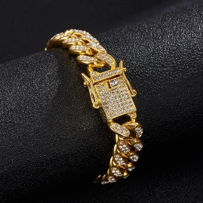 Picture of Miami Bracelet Full Iced Out Bling  Diamonds Choker Jewelry Gifts for Men Gold 