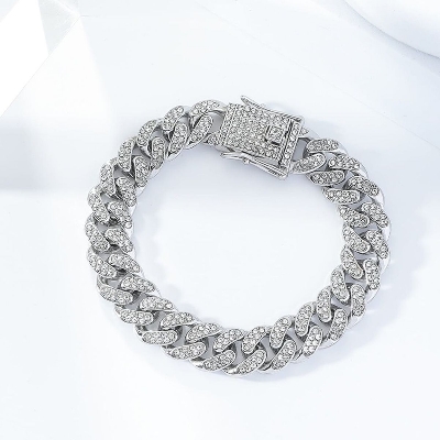 Picture of Trendsetter -Upscale Living -New style Men Cuban Link Chain Bracelet Shiny Rhinestone Inlaid Bangle Jewelry- Inventive Choice -For Men Silver 