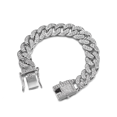 Picture of Trendsetter -Upscale Living -New style Men Cuban Link Chain Bracelet Shiny Rhinestone Inlaid Bangle Jewelry- Inventive Choice -For Men Silver 