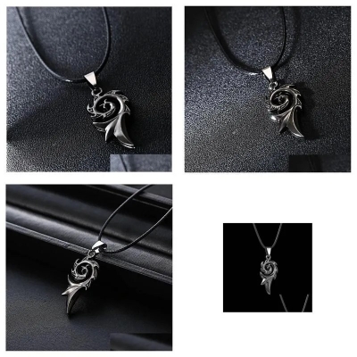Picture of Leather Rope Men's Dragon Flame Stainless Steel Pendant Men Charm Necklace Jewelry Chain Gif For Men Black 
