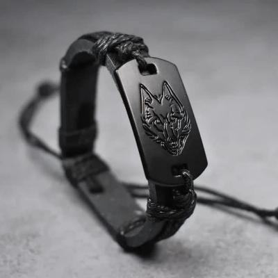 Picture of Braided Punk Style Leather Bracelet Black Wolf Head for Men Beige 