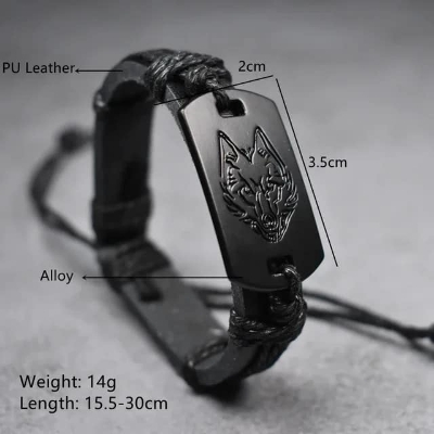 Picture of Braided Punk Style Leather Bracelet Black Wolf Head for Men Beige 