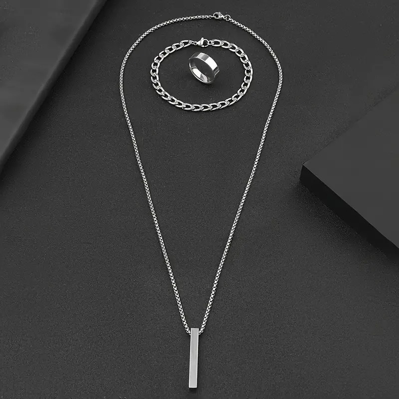 Picture of Stainless Steel Geometric Pendant Necklace -Necklace Bracelet & Ring Set for Men  