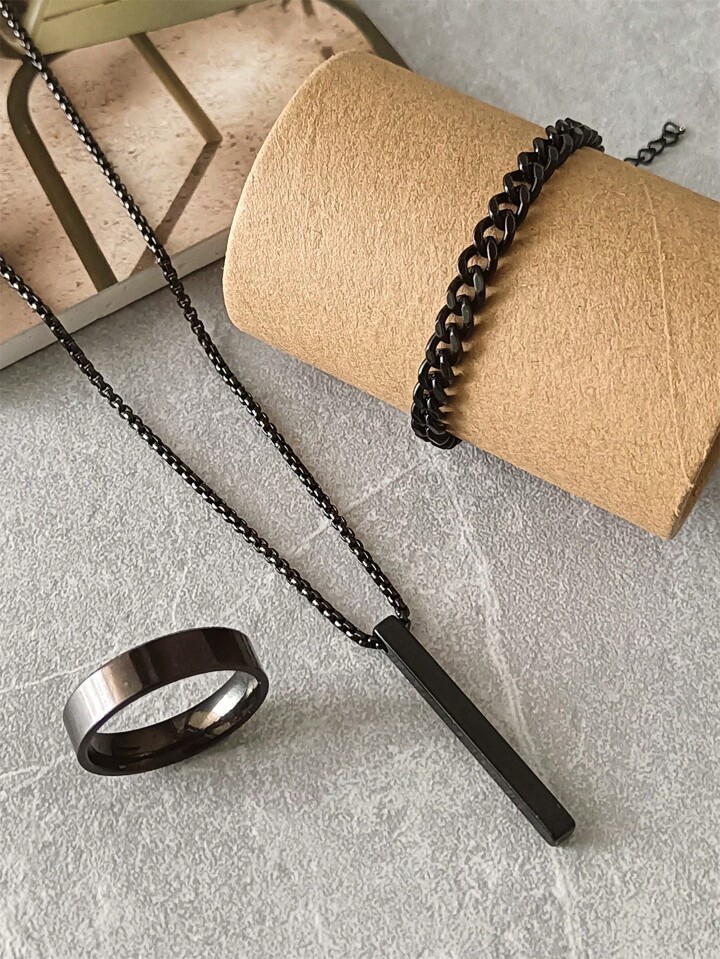 Picture of Stainless Steel Geometric Pendant Necklace -Necklace Bracelet & Ring Set for Men  