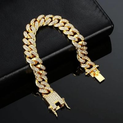 Picture of Trendsetter -Upscale Living -New style Men Cuban Link Chain Bracelet Shiny Rhinestone Inlaid Bangle Jewelry- Inventive Choice -For Men  