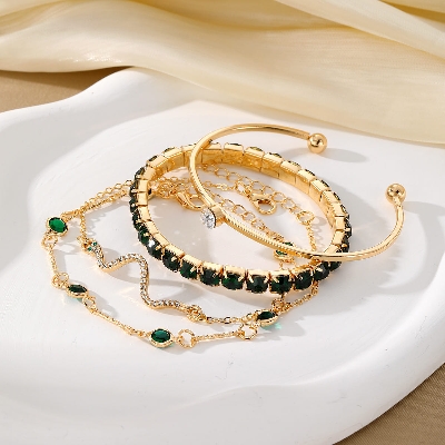 Picture of Green 4Pcs/Set Fashionable Snake Imitation Gemstone Bangle Rhinestone Full Metal Bracelet For Women - Bracelet For Women - Bracelet For Women Gold 