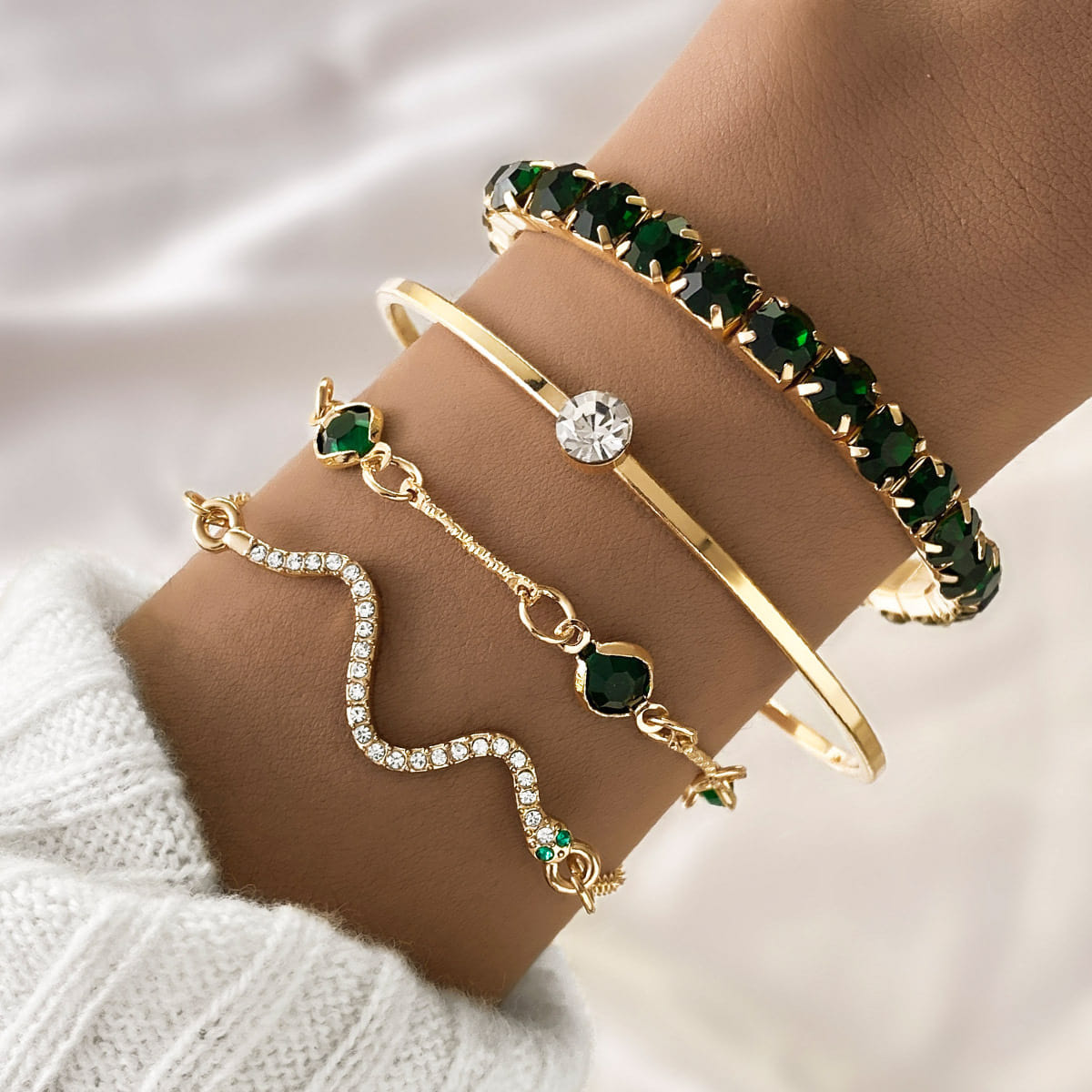 Picture of Green 4Pcs/Set Fashionable Snake Imitation Gemstone Bangle Rhinestone Full Metal Bracelet For Women - Bracelet For Women - Bracelet For Women Gold 