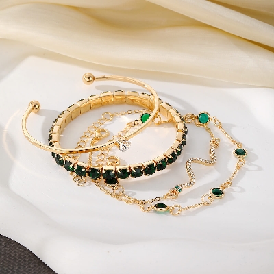 Picture of Green 4Pcs/Set Fashionable Snake Imitation Gemstone Bangle Rhinestone Full Metal Bracelet For Women - Bracelet For Women - Bracelet For Women Gold 