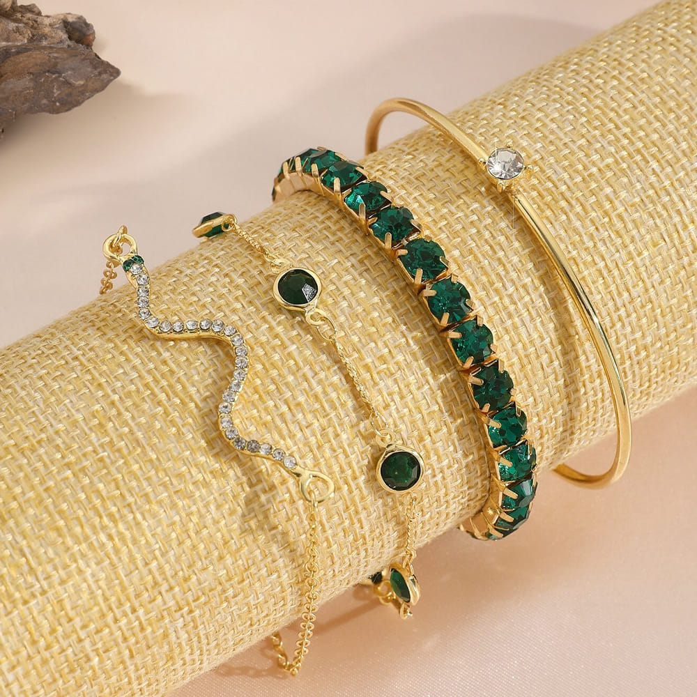 Picture of Green 4Pcs/Set Fashionable Snake Imitation Gemstone Bangle Rhinestone Full Metal Bracelet For Women - Bracelet For Women - Bracelet For Women Gold 