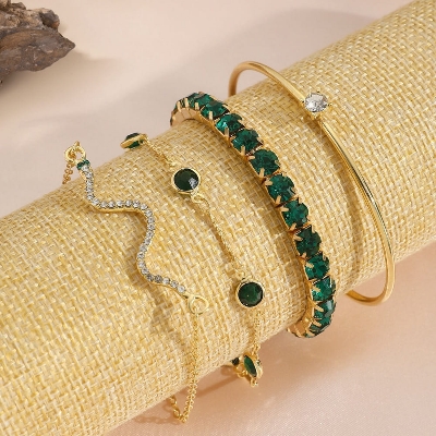 Picture of Green 4Pcs/Set Fashionable Snake Imitation Gemstone Bangle Rhinestone Full Metal Bracelet For Women - Bracelet For Women - Bracelet For Women Gold 