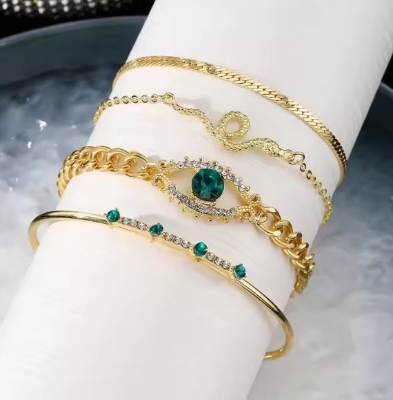 Picture of 4pcs/set Rhinestone Decor Bracelet Gold And Green For Women One Size Gold 