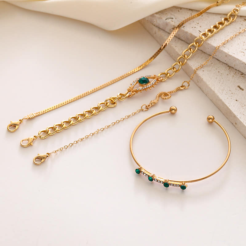 Picture of 4pcs/set Rhinestone Decor Bracelet Gold And Green For Women One Size Gold 