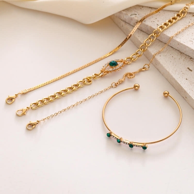 Picture of 4pcs/set Rhinestone Decor Bracelet Gold And Green For Women One Size Gold 