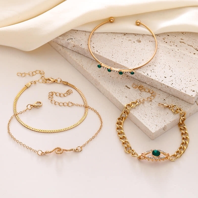 Picture of 4pcs/set Rhinestone Decor Bracelet Gold And Green For Women One Size Gold 