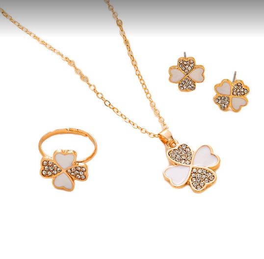 Picture of New Four Leaf Clover Jewelry Set, 4 Leaf Clover Pendant Necklace Earrings Ring Set,Adjustable Zirconia Clover Jewelry Sets Earring Set For Women  