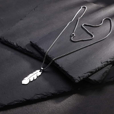 Picture of Necklace with Pendant- Elegant Feather Long Necklace for Men- Gold-Coloured Necklace-Jewellery Gift-Male Jewellery Birthday Gifts for Men Silver 