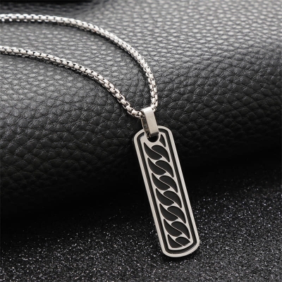 Picture of Men's Bar Necklace Black Pendant with Stainless Steel Box Chain Elegant Simple  Chain for Men Silver 