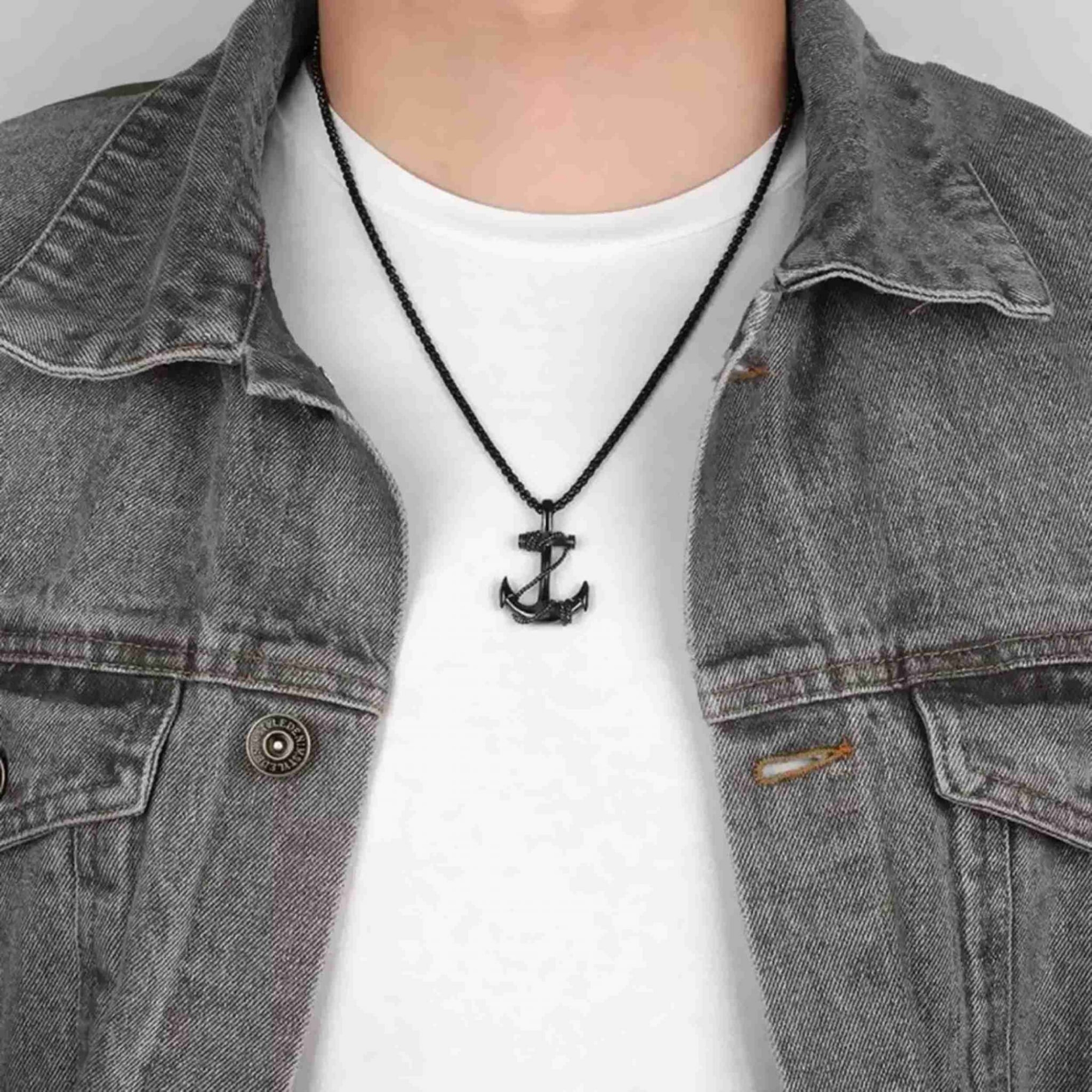Picture of Stainless Steel Sea Anchor Sailor Men Necklaces Chain Pendants  For Men Black 