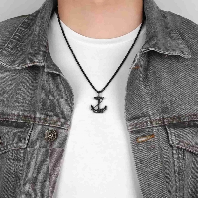 Picture of Stainless Steel Sea Anchor Sailor Men Necklaces Chain Pendants  For Men Black 