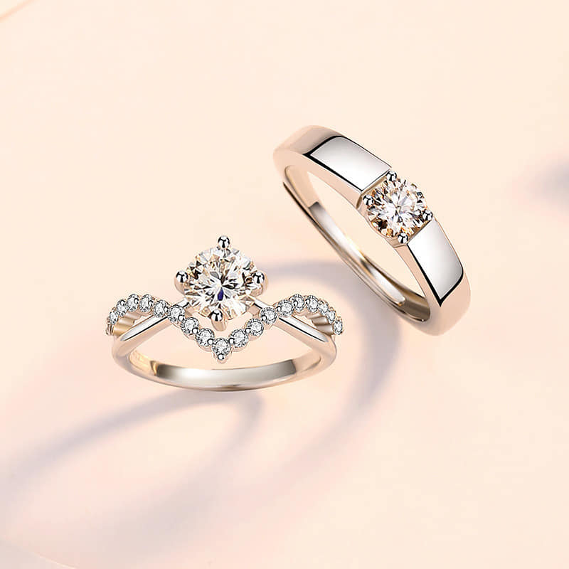 Picture of Crowning Love, Couple Rings, Four Prongs, 1 Zircon Diamond Rings, Pair of Wedding Rings for Men and Women, Crown Open Pair Rings5 Silver 