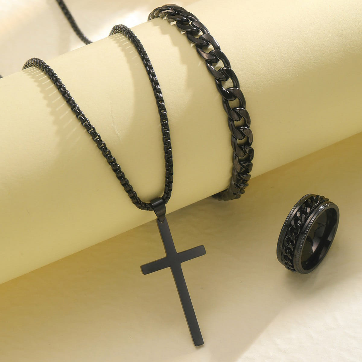 Picture of Men's Sleek Stainless Steel Geometric Pendant Necklace -Necklace Bracelet & Ring Set for Men Black 