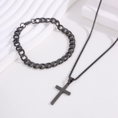 Picture of Men's Sleek Stainless Steel Geometric Pendant Necklace -Necklace Bracelet & Ring Set for Men Black 