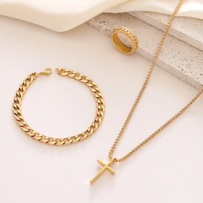 Picture of 3pcs/set Men's Fashion Alloy Cross Pendant Necklace + Bracelet + Ring Set  for Men Gold 